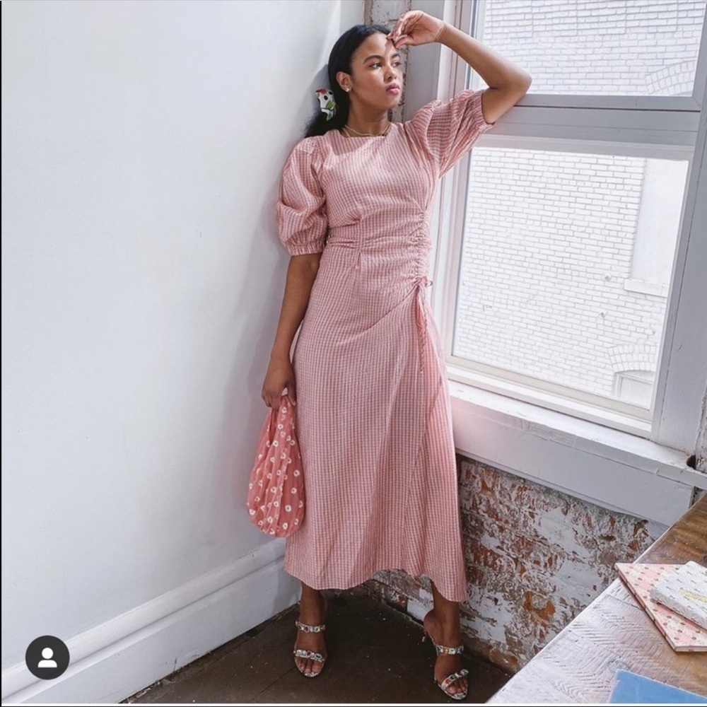 Zara Pink Gingham Puff-Sleeve Wrap Midi Dress